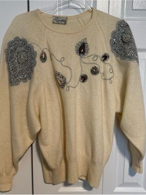 Saks Fifth Avenue Cream Embellished Crewneck Sweater